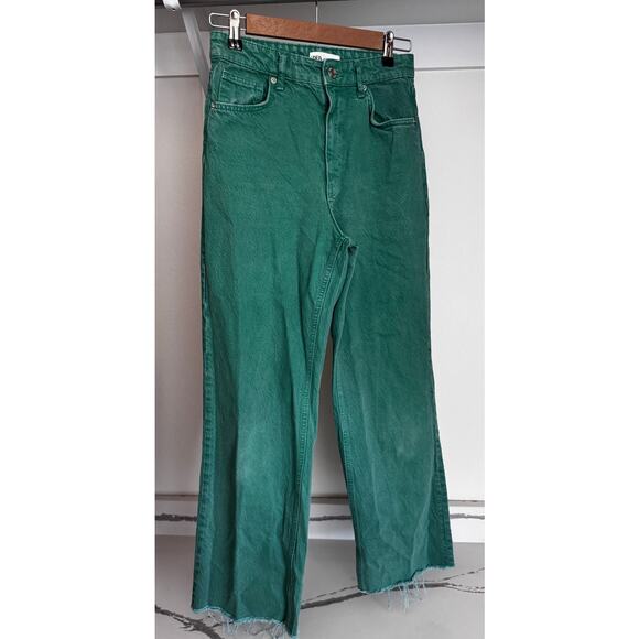 Zara High Rise Straight Leg Fray Hem Green Denim Pants Jeans Size 4 - Picture 8 of 11